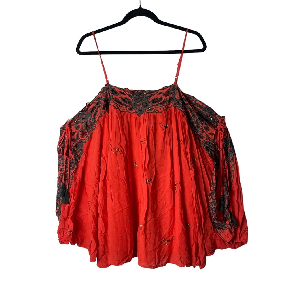 FREE PEOPLE Women’s Red Floral Romper Size M Boho Butterfly Sleeves Embroidered